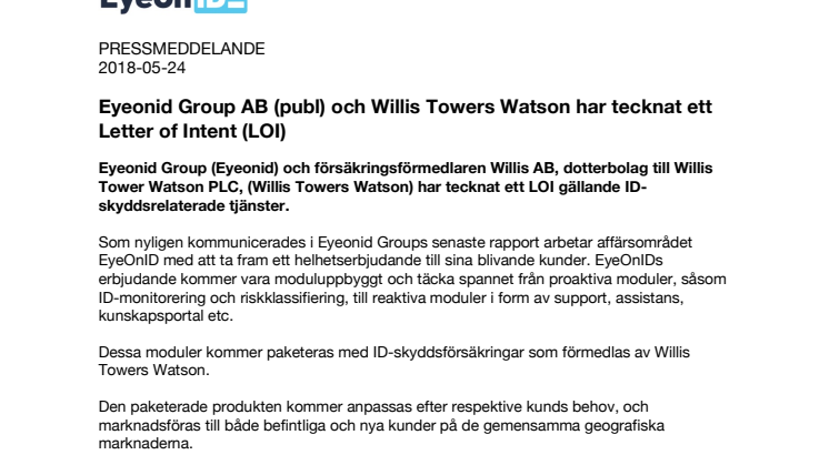 Eyeonid Group AB (publ) och Willis Towers Watson har tecknat ett Letter of Intent (LOI)