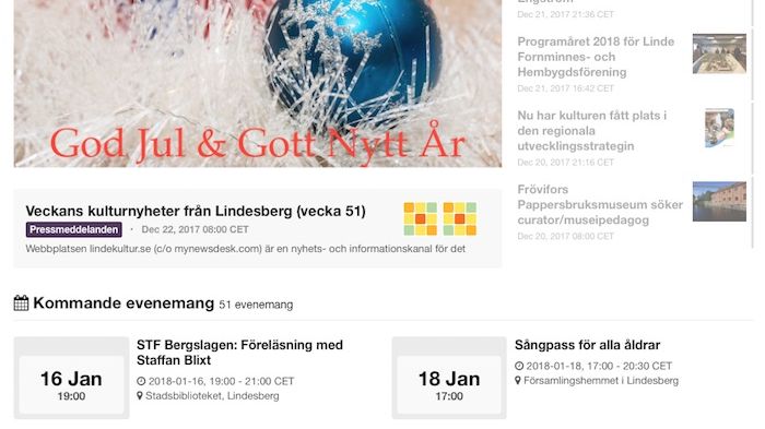 Webbplatsen lindekultur.se (c/o mynewsdesk.com) är en nyhets- och informationskanal för det mesta av det bästa med kulturen i Lindesberg: