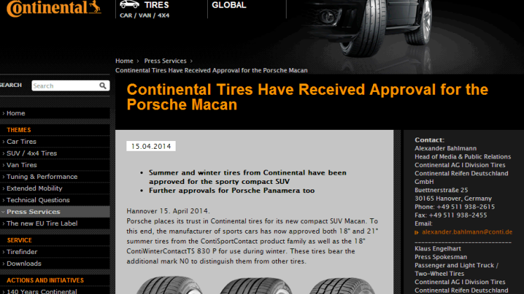 Continental tires have received approval for the Porsche Macan 