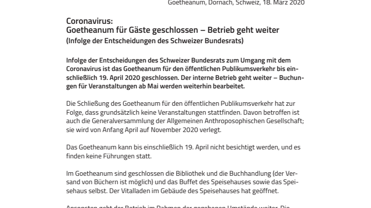 Coronavirus: Goetheanum für Gäste geschlossen – Betrieb geht weiter (Infolge der Entscheidungen des Schweizer Bundesrats zum Coronavirus)