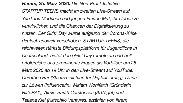 Girls' Day + Female Empowerment "remote": Zweite Live-Session am 26. März 2020 bei YouTube mit Staatsministerin Dorothee Bär