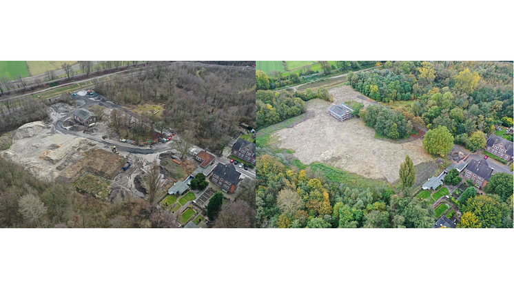 Auf dem HeimatERBE Gelände in Herten wurde ein ehemaliges Bergbaugebäude in ein Artenschutzhaus umgebaut: Auf rund 270 m² finden dort nun Insekten, kleine Säugetiere, Vögel und Amphibien Unterschlupf (links: vorher, rechts: nachher). © HeimatERBE