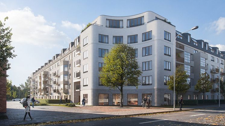 Fredblad arkitekter, Ekängen AB och SK Bygg utvecklar tillsammans ett hyreskvarter i Tröingedal i Falkenberg. Visualisering: Visulent