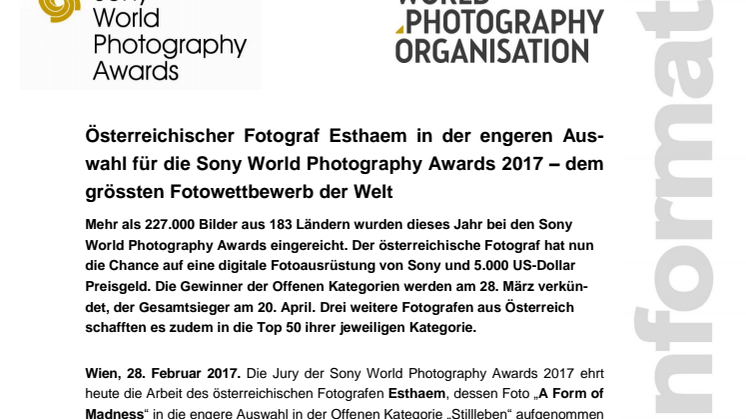 Österreichischer Fotograf Esthaem in der engeren Auswahl für die Sony World Photography Awards 2017 – dem grössten Fotowettbewerb der Welt