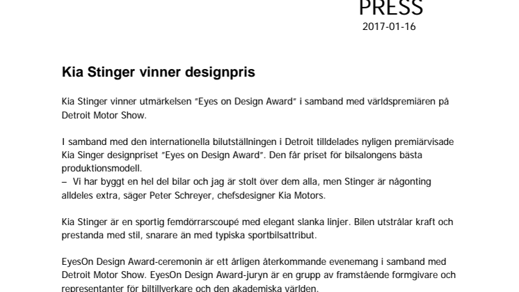 Kia Stinger vinner designpris 