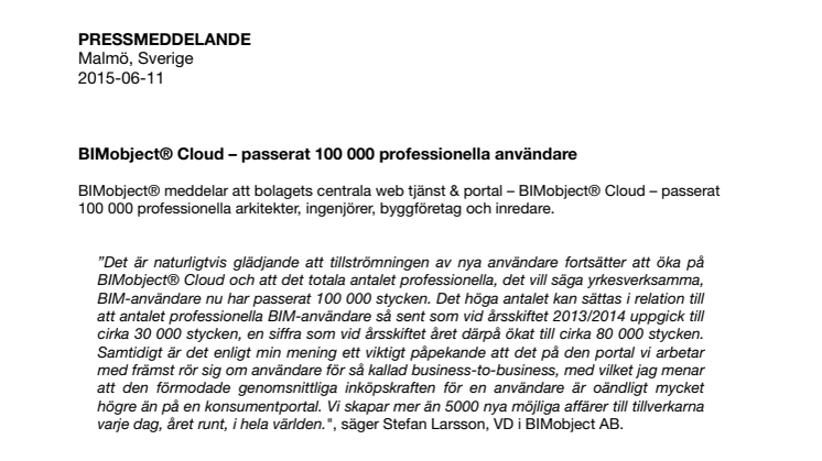 BIMobject® Cloud – passerat 100 000 professionella användare