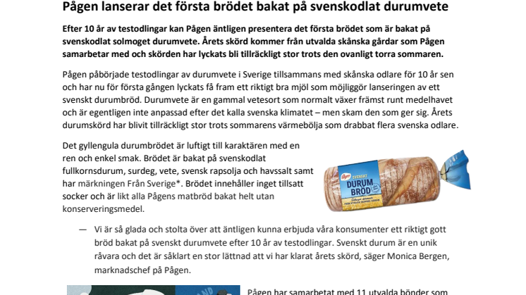 Pågen lanserar det första brödet bakat på svenskodlat durumvete