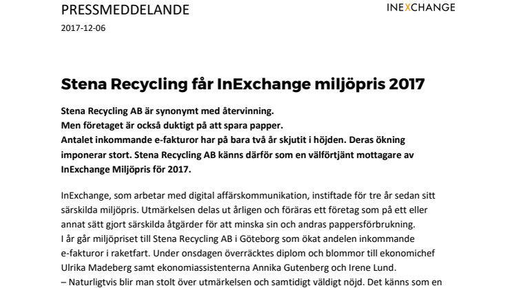 Stena Recycling får InExchange miljöpris 
