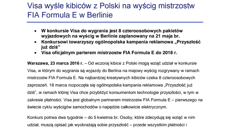 Visa wyśle kibiców z Polski na wyścig mistrzostw FIA Formula E w Berlinie