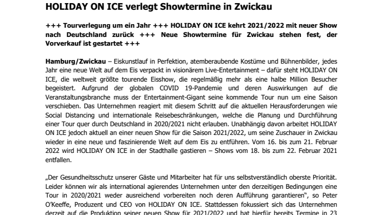 HOLIDAY ON ICE verlegt Showtermine in Zwickau