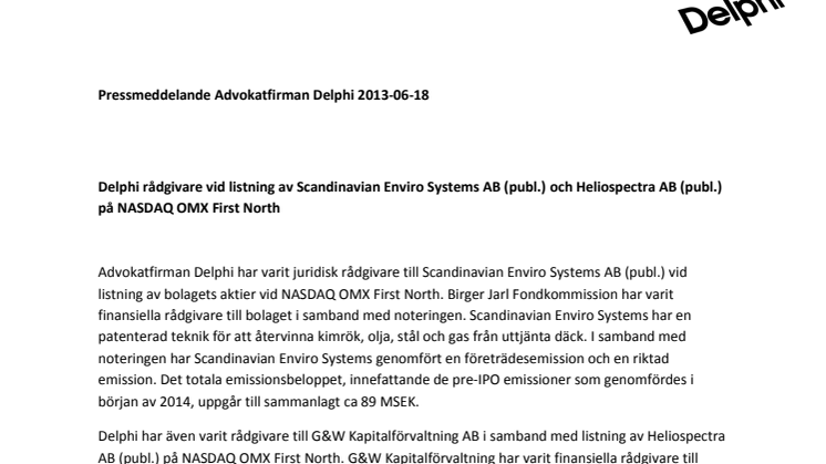Delphi rådgivare vid listning av Scandinavian Enviro Systems AB (publ.) och Heliospectra AB (publ.) på NASDAQ OMX First North