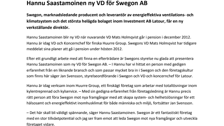 Hannu Saastamoinen ny VD för Swegon AB