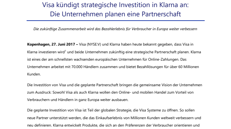 Visa kündigt strategische Investition in Klarna an: Die Unternehmen planen eine Partnerschaft 