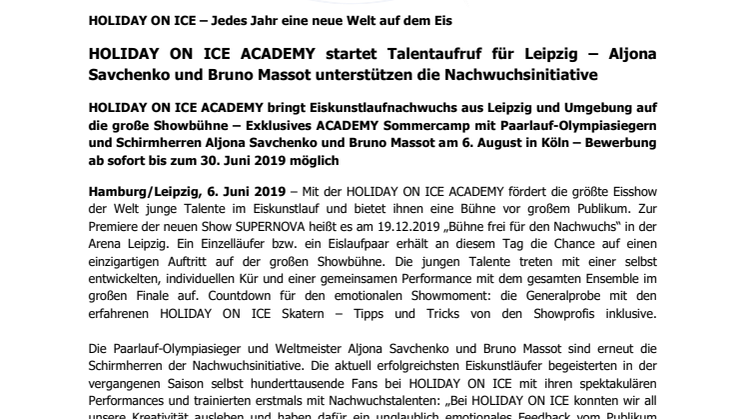 HOLIDAY ON ICE ACADEMY startet Talentaufruf für Leipzig – Aljona Savchenko und Bruno Massot unterstützen die Nachwuchsinitiative