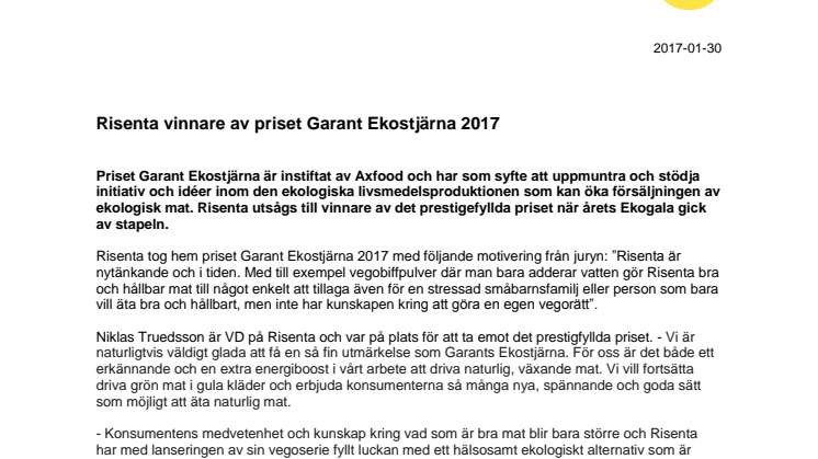 Risenta vinnare av priset Garant Ekostjärna 2017