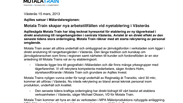 Motala Train skapar nya arbetstillfällen vid nyetablering i Västerås 