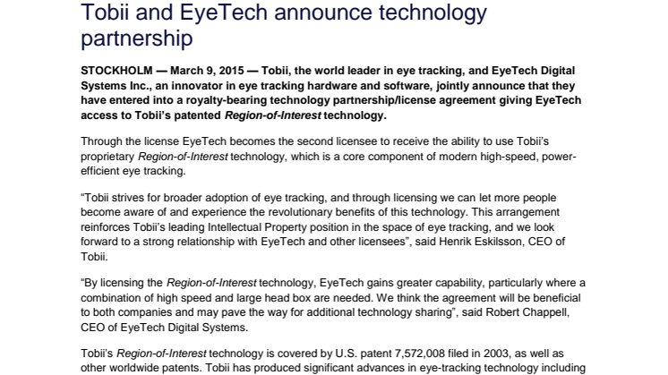 Tobii and EyeTech Announce Technology Partnership 