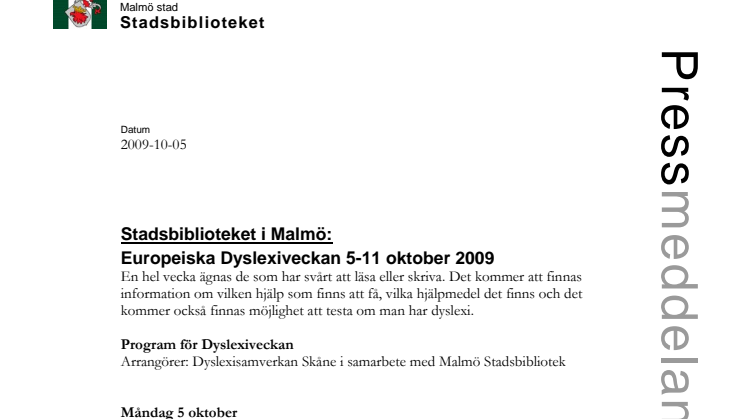 Stadsbiblioteket i Malmö: Europeiska Dyslexiveckan 5-11 oktober 2009