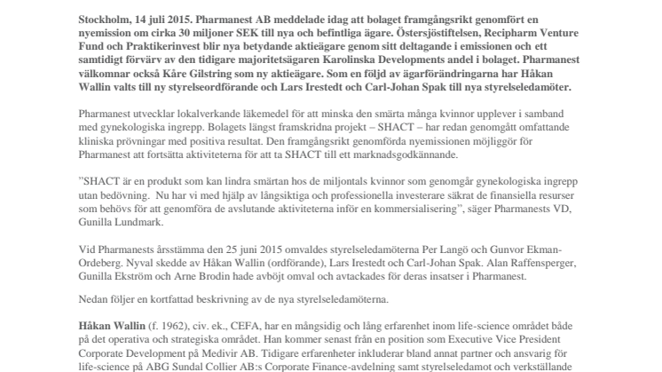 Pharmanest genomför nyemission om 30 miljoner SEK och får nya storägare