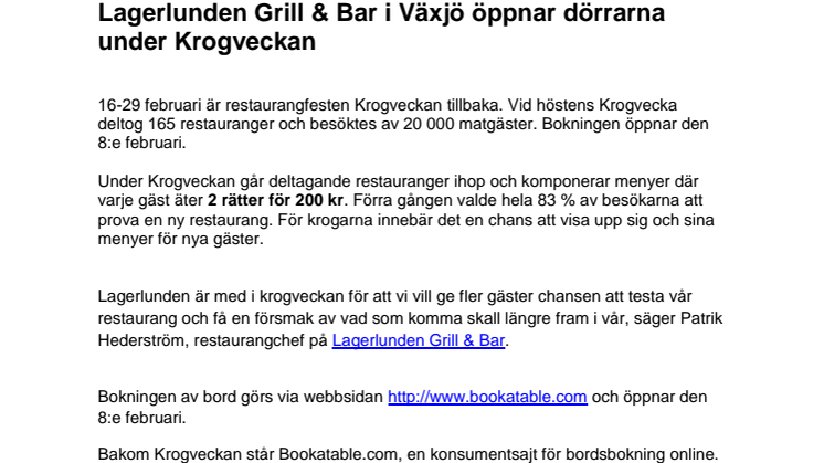 Lagerlunden Grill & Bar i Växjö öppnar dörrarna under Krogveckan