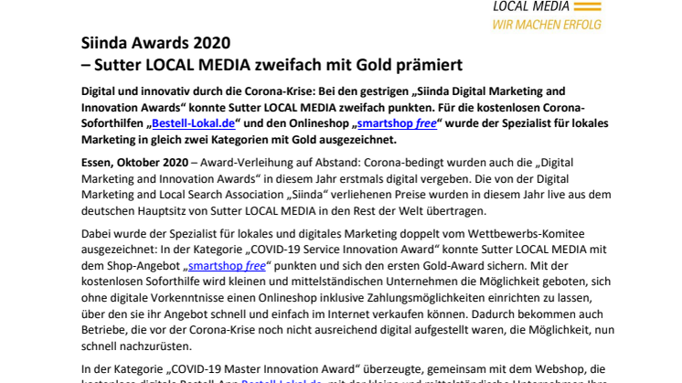 Siinda Awards 2020 – Sutter LOCAL MEDIA zweifach mit Gold prämiert