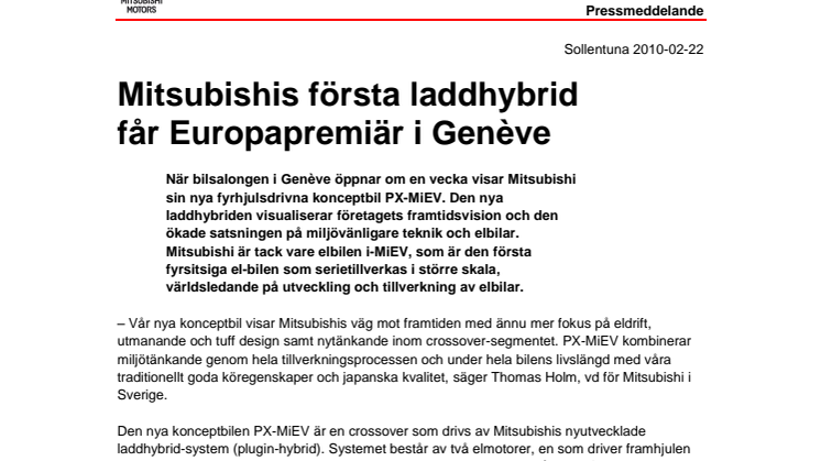 Mitsubishis första laddhybrid får Europapremiär i Genève