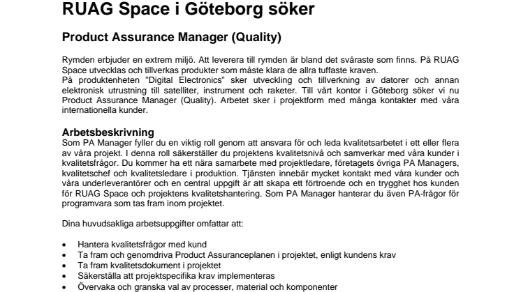 RUAG Space i Göteborg söker Product Assurance Manager (Quality)