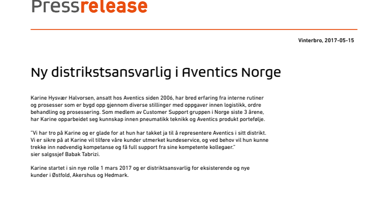 Ny distrikstsansvarlig i Aventics Norge