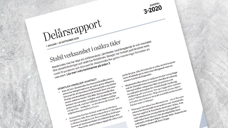 Akademiska Hus delårsrapport 1 januari – 30 september 2020