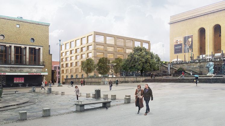 Visionsbild över Göteborgs universitets planerade byggnad, vy från Götaplatsen. Bild: Tham & Videgård.