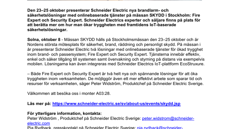Schneider Electric presenterar två nya IoT-baserade säkerhetslösningar på mässan SKYDD 