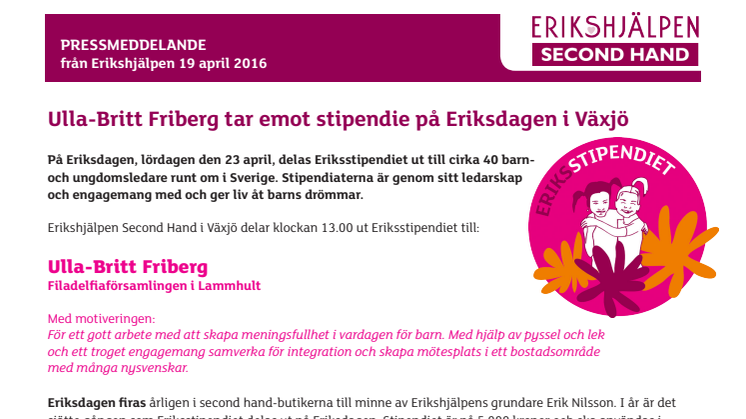 Ulla-Britt Friberg tar emot Eriksstipendiet i Växjö