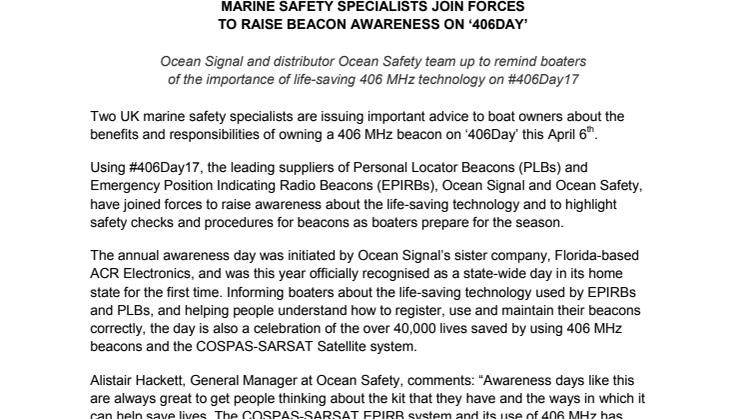 Ocean Signal: Marine Safety Specialists Join Forces to Raise Beacon Awareness on ‘406Day’