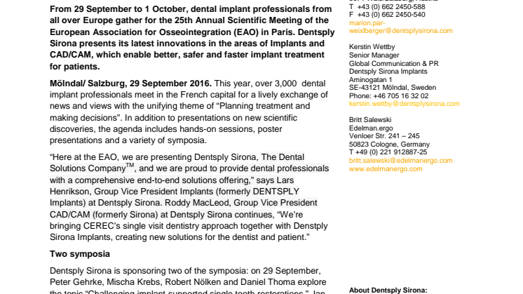 EAO Congress in Paris: Solutions for Modern and Safe Implant Treatment by Dentsply Sirona