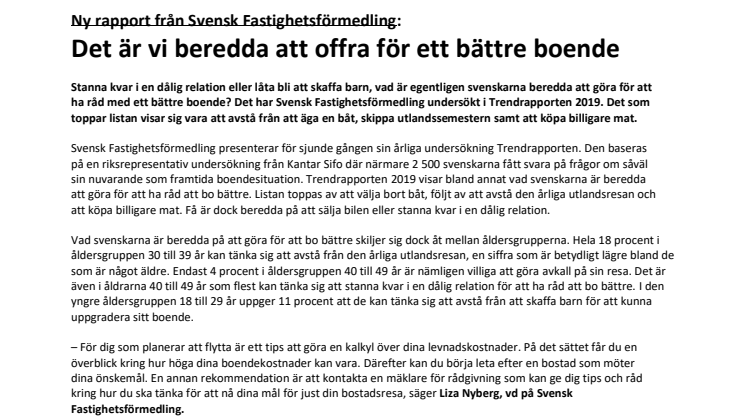 Ny rapport från Svensk Fastighetsförmedling: Det är vi beredda att offra för ett bättre boende