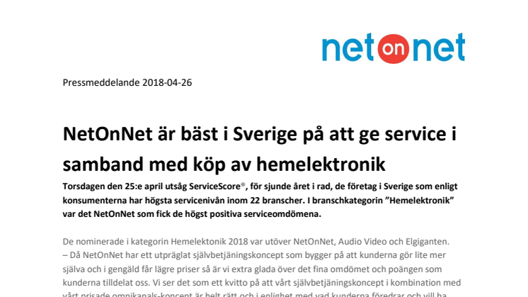 NetOnNet är bäst i Sverige på att ge service i samband med köp av hemelektronik 