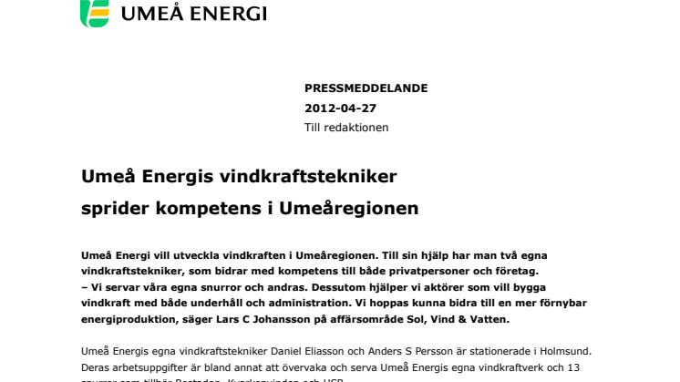 Umeå Energis vindkraftstekniker sprider kompetens i Umeåregionen