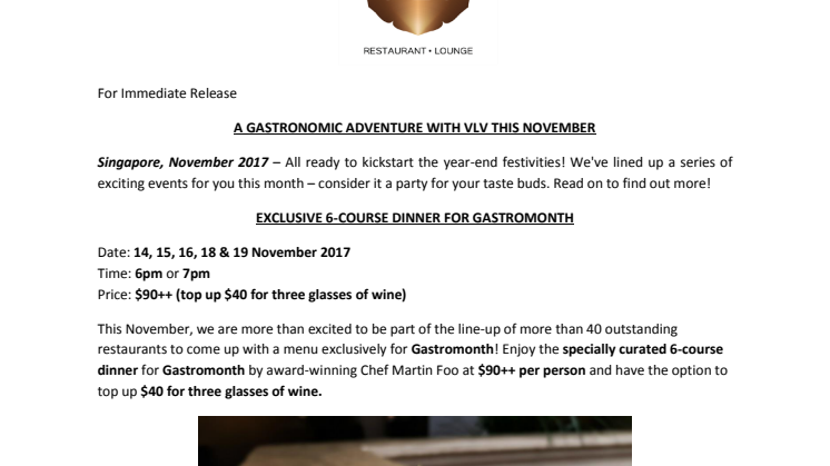 A GASTRONOMIC ADVENTURE WITH VLV THIS NOVEMBER