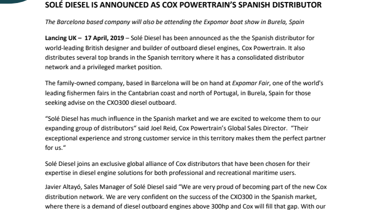 Solé Diesel is Announced as Cox Powertrain's Spanish Distributor
