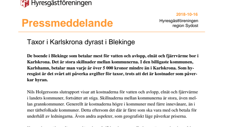 Taxor i Karlskrona dyrast i Blekinge