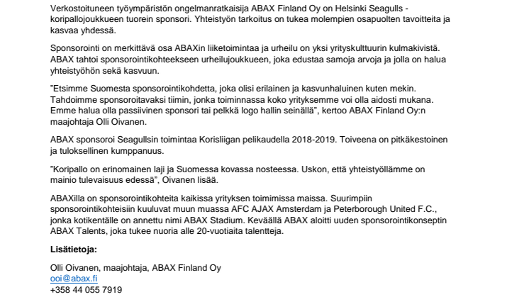ABAX Finland aloittaa yhteistyön Helsinki Seagullsin kanssa