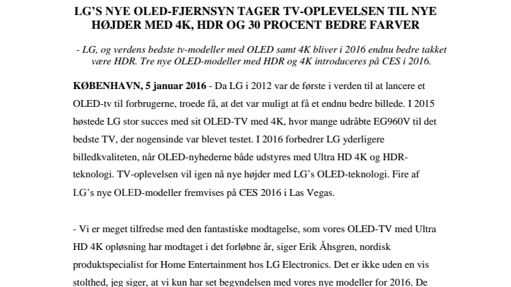 LG’S NYE OLED-FJERNSYN TAGER TV-OPLEVELSEN TIL NYE HØJDER MED 4K, HDR OG 30 PROCENT BEDRE FARVER