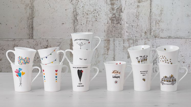 Herzerwärmende Motive, pfiffige Sprüche: die Hutschenreuther My Mug Collection bietet zwölf unterschiedliche Bone China Becher, mit denen es sich gut in den Tag starten lässt.