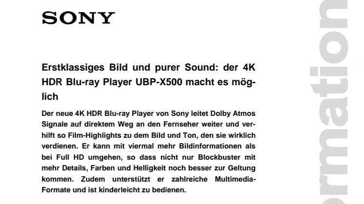 Erstklassiges Bild und purer Sound: der 4K HDR Blu-ray Player UBP-X500 macht es möglich