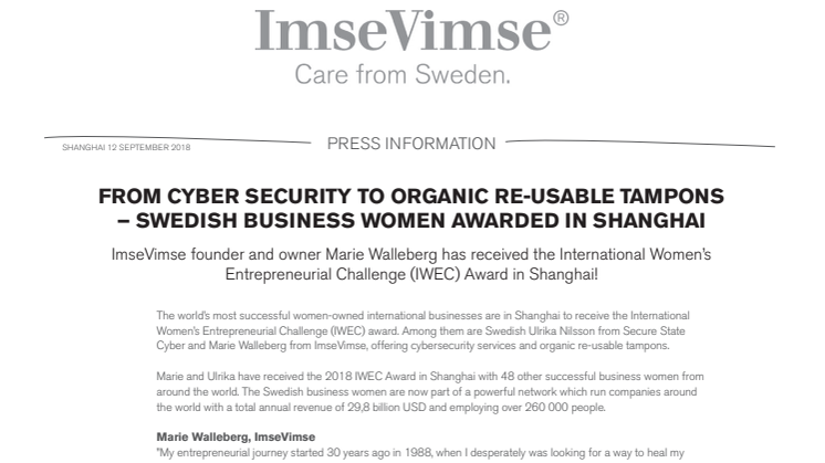 FROM CYBER SECURITY TO ORGANIC RE-USABLE TAMPONS – SWEDISH BUSINESS WOMEN AWARDED IN SHANGHAI