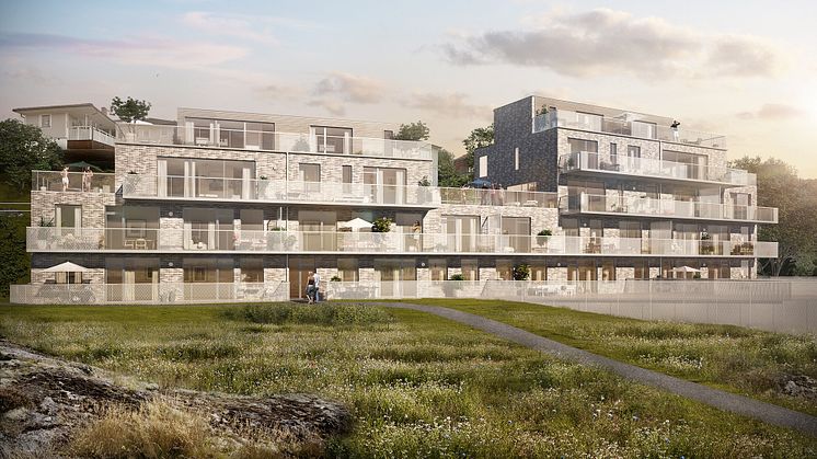 Villa Pilträdet. Vy över de nya bostadshusen ritade av Dreem Arkitekter. Bild: Carbon White  