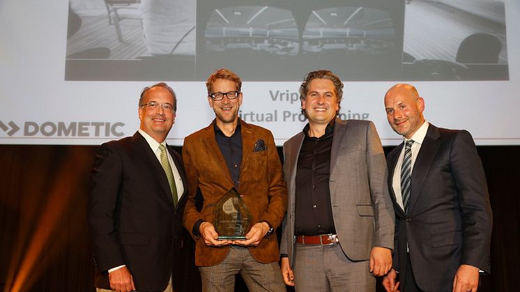 From left to right: Dometic’s Ned Trigg, with Bart Bouwhuis, Director of Vripack, and Jeroen Schoonheim, Head of Engineering at Vripack, and editor of IBI Ed Slack at last year's IBI METSTRADE Boat  Builder Awards ceremony