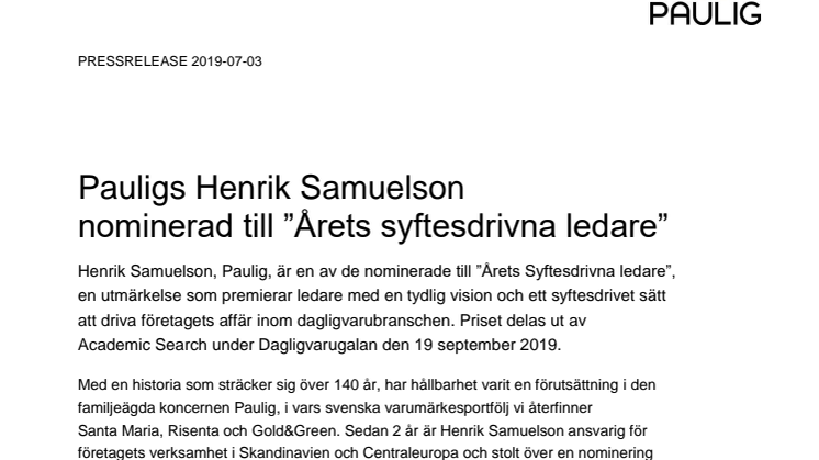 Pauligs Henrik Samuelson  nominerad till ”Årets syftesdrivna ledare”