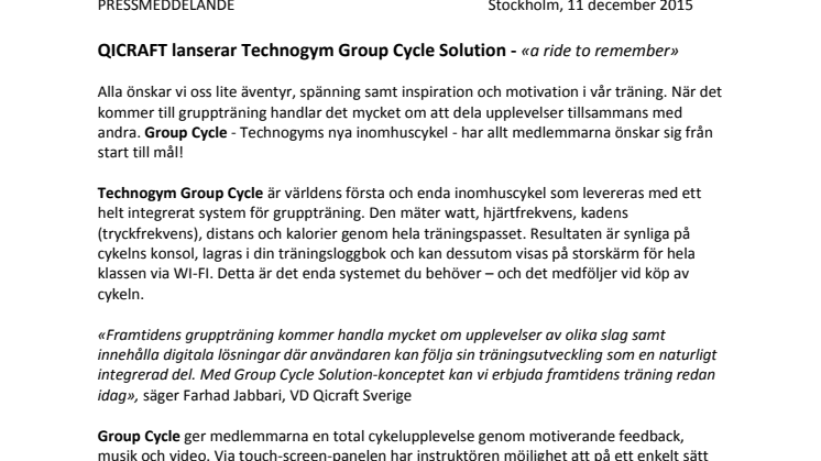 Qicraft lanserar Technogym Group Cycle Solution