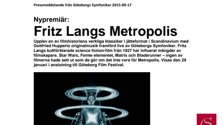 Nypremiär: Fritz Langs filmklassiker Metropolis på Scandinavium